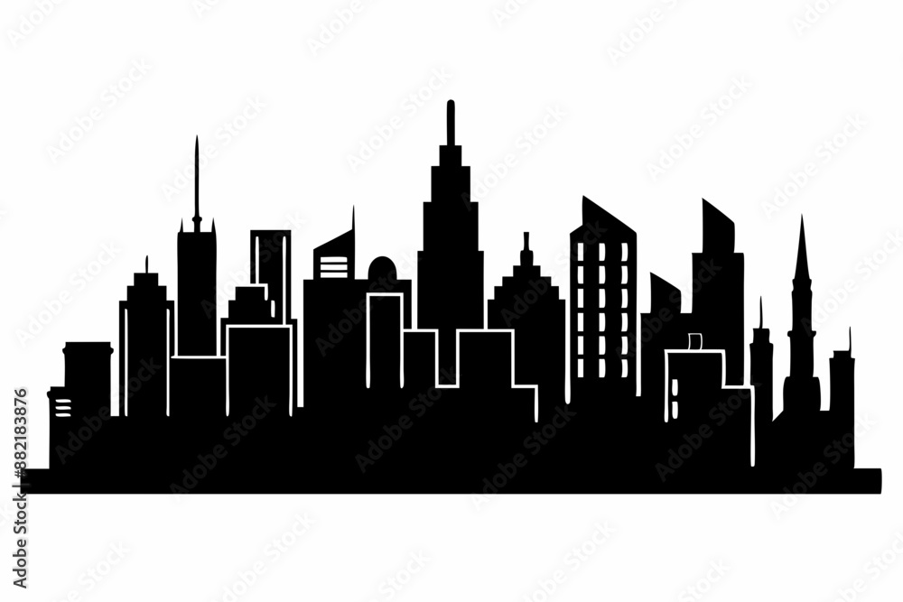 Naklejka premium city skyline silhouette, Modern City Skyline Skyscrapers, City silhouette vector, Skyline urban border collection.