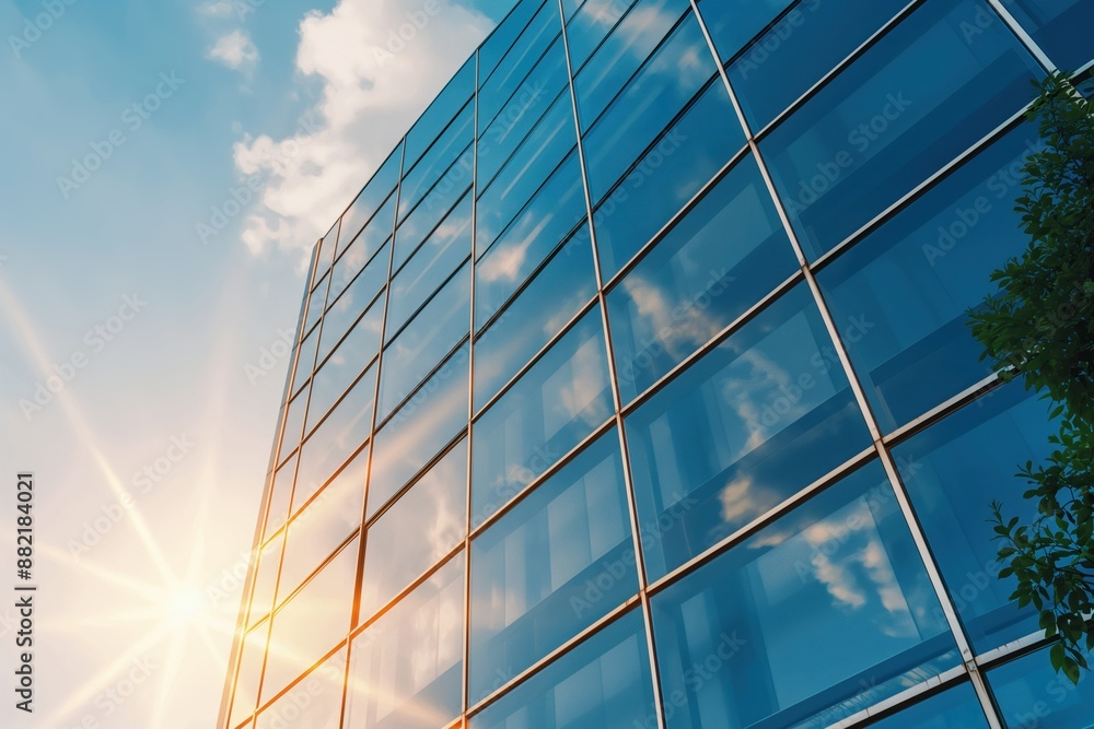 Modern office building with glass facade reflecting clouds and trees on sunny day Modern office building with glass facade reflecting clouds and trees on sunny day