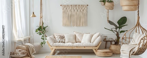 Bohemian living room with an empty macramÃ© frame.