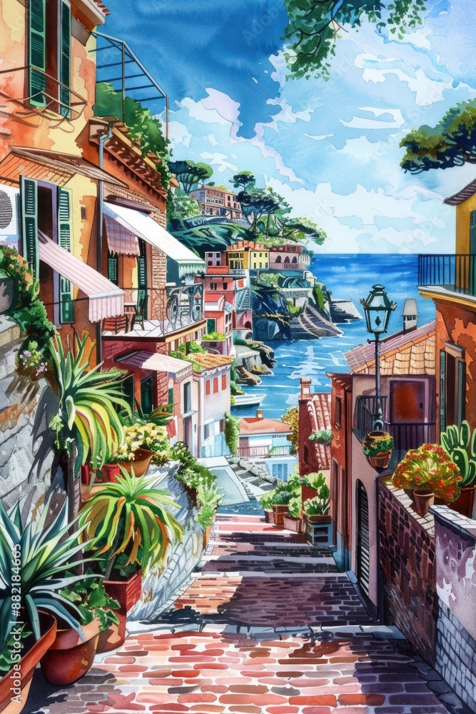 Fototapeta premium Narrow Street with Potted Plants