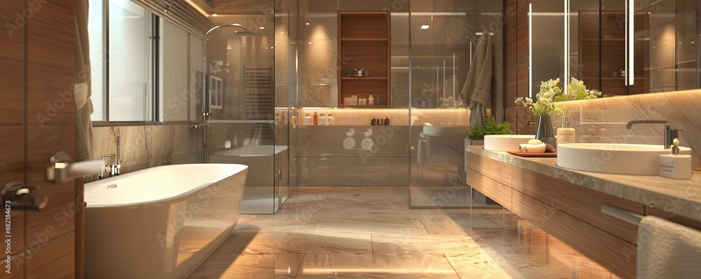 Chic bathroom with a sleek design and premium materials. Chic bathroom with a sleek design and premium materials.