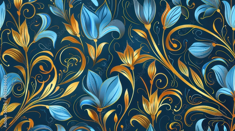 Floral-themed illustration with elegant blue and gold elements Floral-themed illustration with elegant blue and gold elements