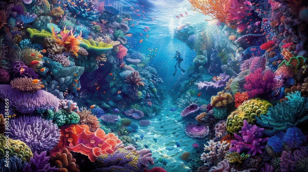 Naklejka premium painting of a person swimming in a colorful coral reef