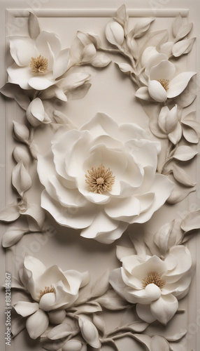 In this beautiful stucco relief magnolia blossoms are layered and are framed by waxy leaves and ivor photo