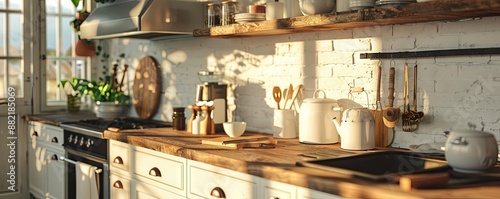 Coastal kitchen with a blank recipe holder.