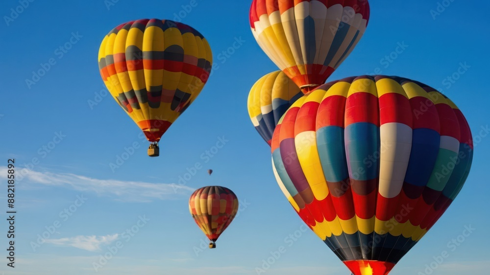 Obraz premium Colorful hot air balloons floating in a clear blue sky, symbolizing adventure, freedom, and joy Perfect for travel, festival, and recreational concepts