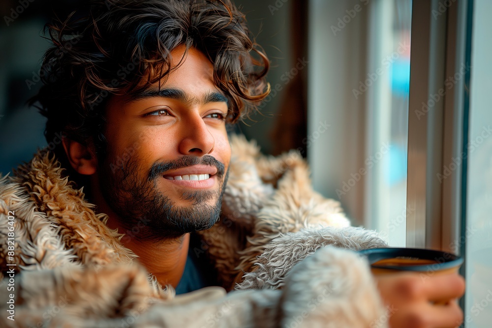 Young smiling man under a cozy blanket. Looking through the window in the morning. Positive thinking Young smiling man under a cozy blanket. Looking through the window in the morning. Positive thinking