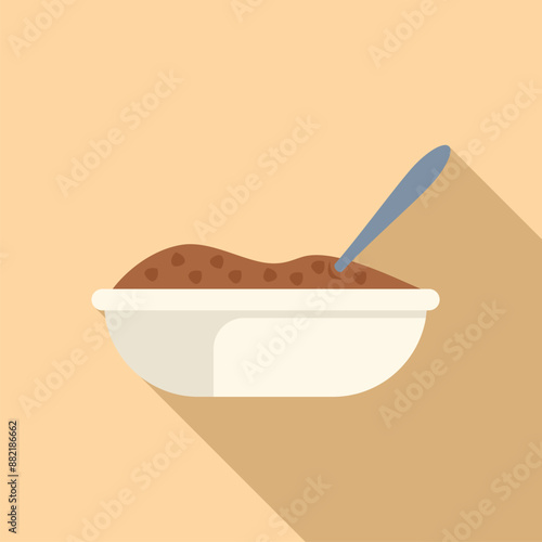 Simple illustration of a white bowl filled with brown food and a spoon resting on top, perfect for depicting a healthy meal or snack