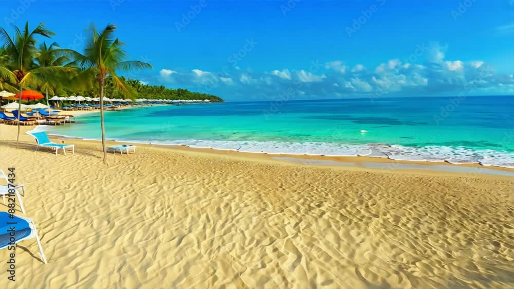 Scenic tropical beach with swaying palm trees borders turquoise water under a bright summer sky Scenic tropical beach with swaying palm trees borders turquoise water under a bright summer sky