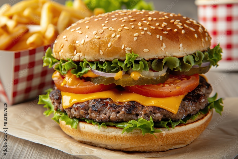 Delicious cheeseburger lying on paper next to french fries Delicious cheeseburger lying on paper next to french fries
