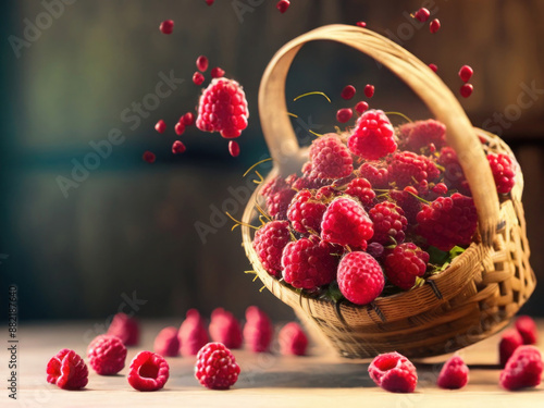 raspberries in a basket on a wooden table, raw fruit riped, fresh harvest photo