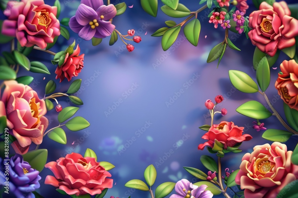 Blossoming flowers form a delicate frame with vibrant colors against a soft blue background Blossoming flowers form a delicate frame with vibrant colors against a soft blue background
