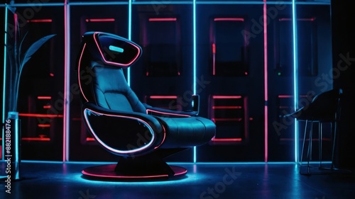 Futuristic gaming chair with neon lighting, perfect for high tech ambiances, ergonomic comfort, and sleek design, ideal for relaxation or media rooms photo