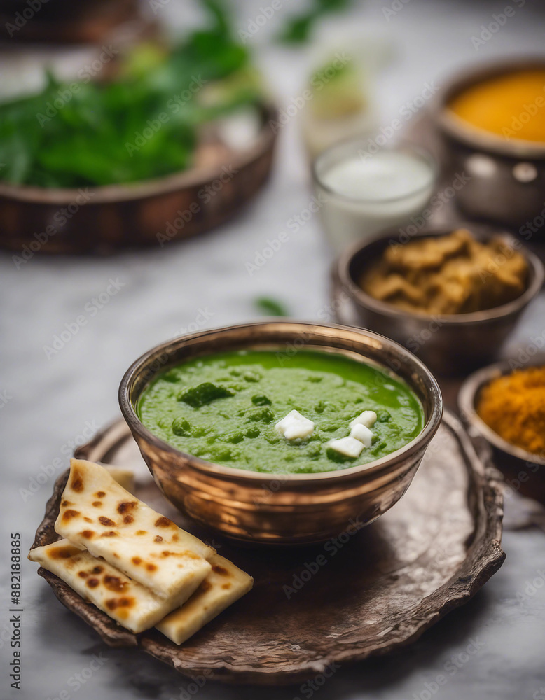 Palak paneer with paneer cheese and fenugreek in a beautiful bowl with a glass of Indian lassi in a gourmet Indian restaurant
Palak paneer with paneer cheese and fenugreek in a beautiful bowl with a glass of Indian lassi in a gourmet Indian restaurant