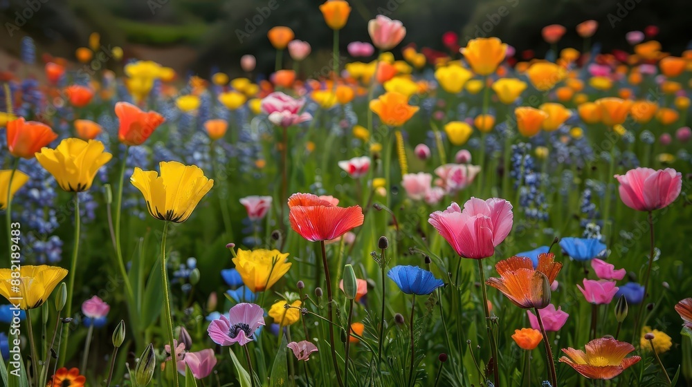 field of colorful flowers with a green background field of colorful flowers with a green background