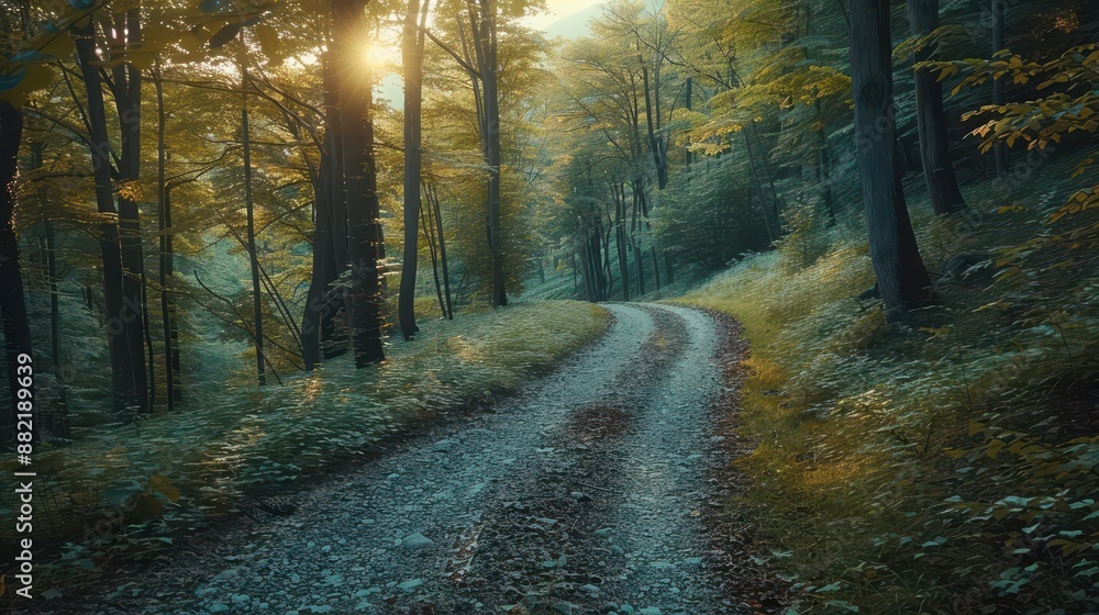 Fototapeta premium dirt road in the woods with the sun shining through the trees