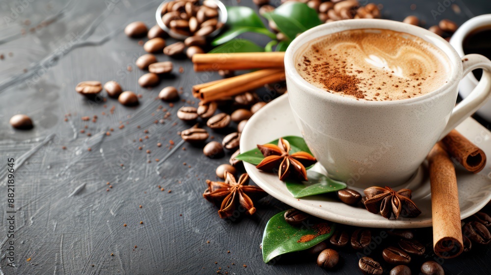 Aromatic coffee latte with coffee beans and spices on dark background Aromatic coffee latte with coffee beans and spices on dark background