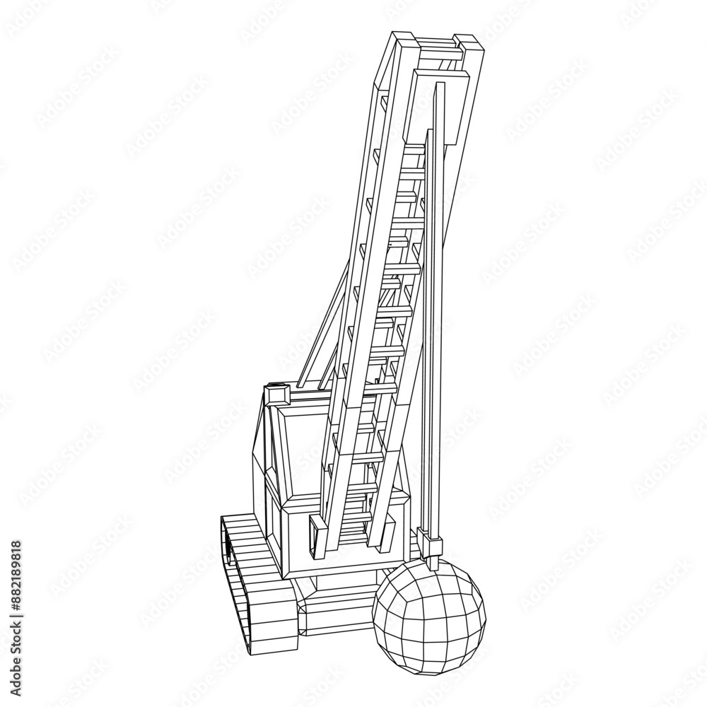Wrecking ball excavator, demolition crane machine. Wireframe low poly mesh vector illustration Wrecking ball excavator, demolition crane machine. Wireframe low poly mesh vector illustration