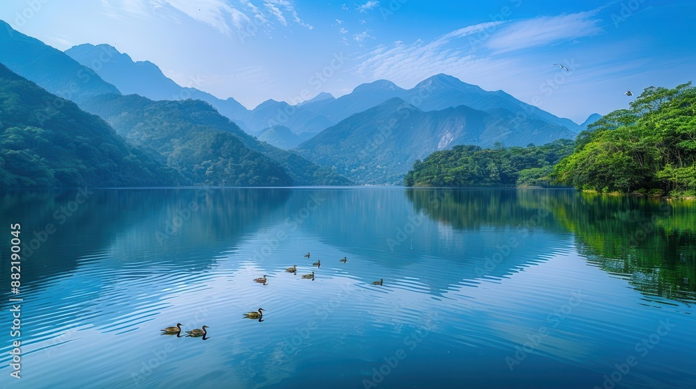 group of ducks swimming in a lake surrounded by mountains group of ducks swimming in a lake surrounded by mountains