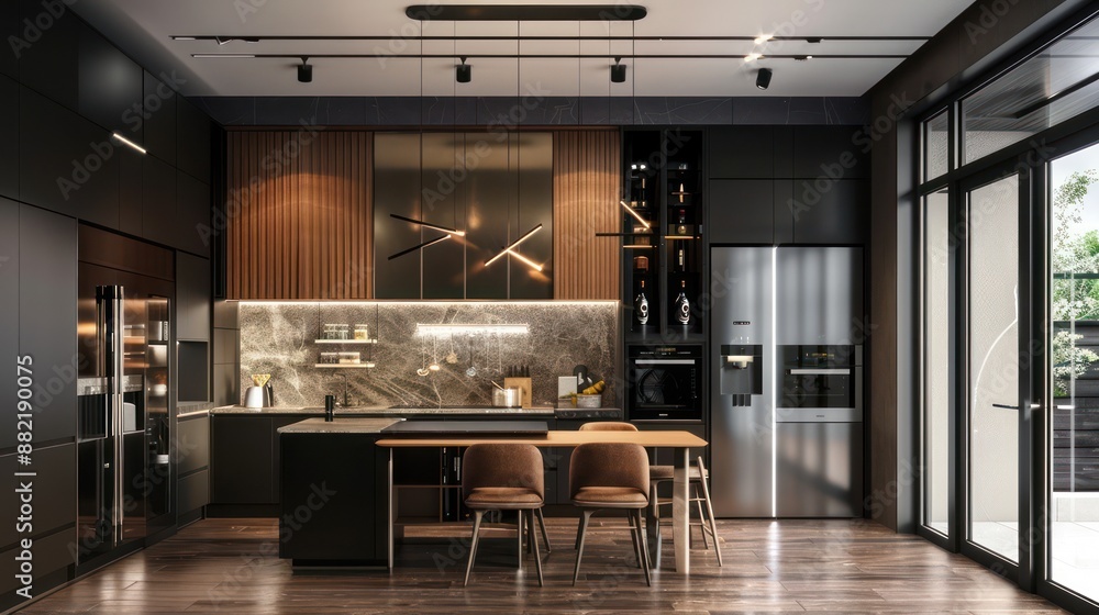Modern kitchen with sleek design and wooden accents, LED lighting. Modern kitchen with sleek design and wooden accents, LED lighting.