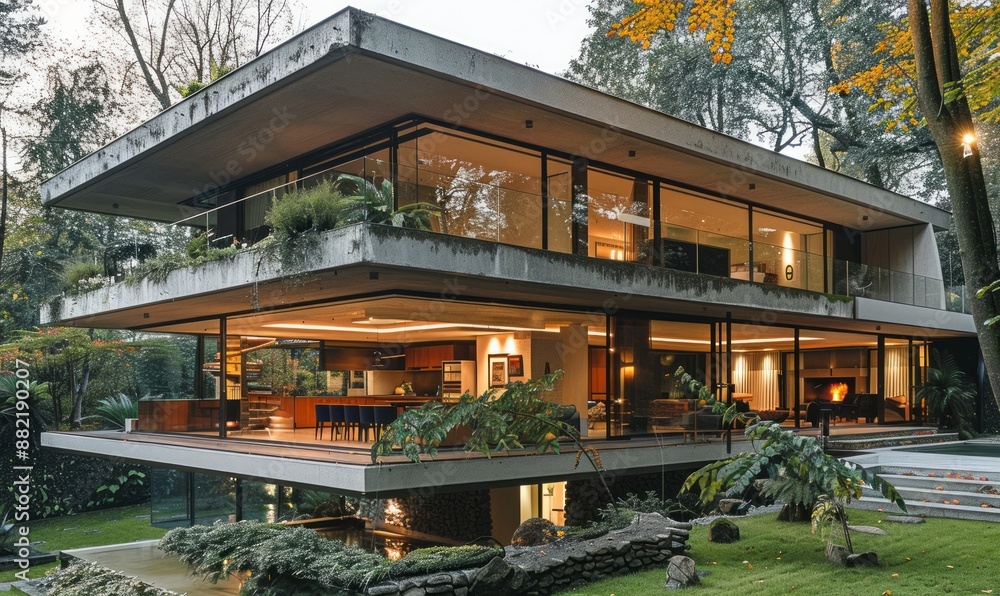Modernist villa with a cantilevered structure. Modernist villa with a cantilevered structure.