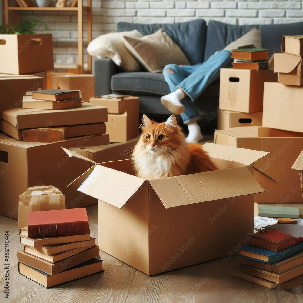 Fototapeta premium Moving to a new apartment. A red cat in the paper box. Generative ai.