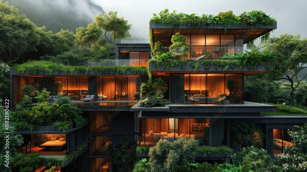 Modern eco-friendly multi-level house with lush greenery and large windows, blending architecture with nature in a serene forest setting. Modern eco-friendly multi-level house with lush greenery and large windows, blending architecture with nature in a serene forest setting.