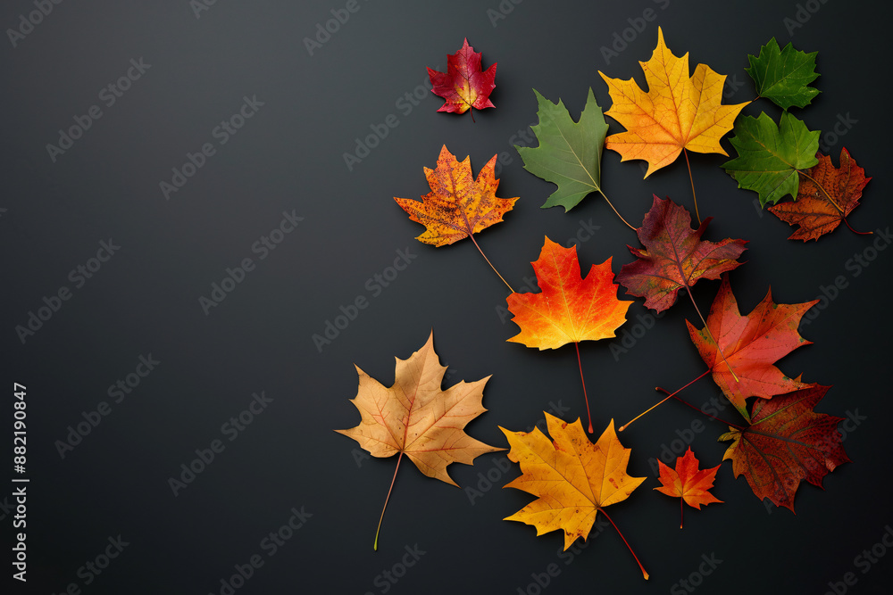 1. A clean composition featuring 3D-rendered maple leaves meticulously arranged on a black background. The image is a tabletop photo captured in stunning 8K resolution, highlighting the intricate 1. A clean composition featuring 3D-rendered maple leaves meticulously arranged on a black background. The image is a tabletop photo captured in stunning 8K resolution, highlighting the intricate