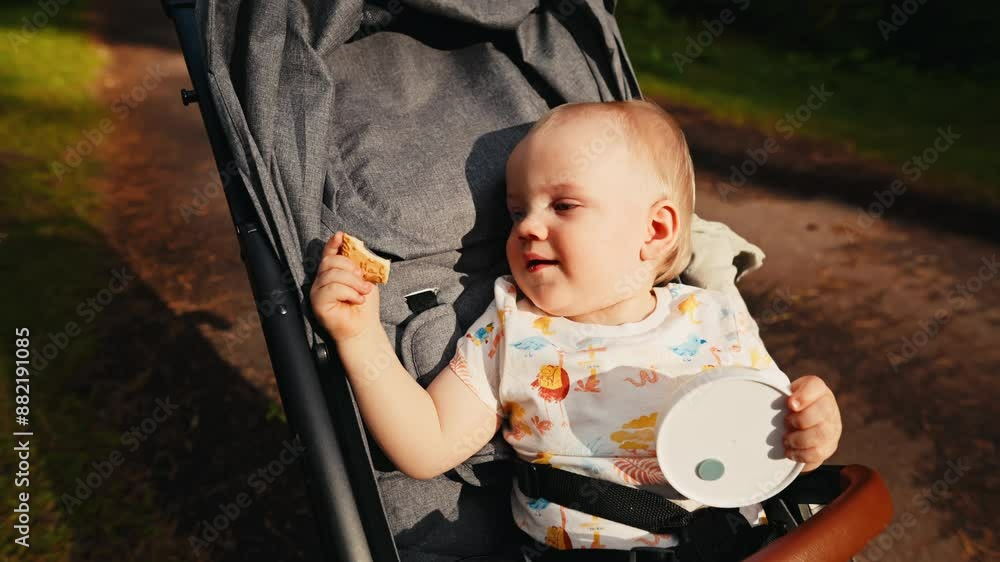 A cheerful infant happily snacking in the park, surrounded by nature and sunlight, in a carefree and joyful ambiance A cheerful infant happily snacking in the park, surrounded by nature and sunlight, in a carefree and joyful ambiance