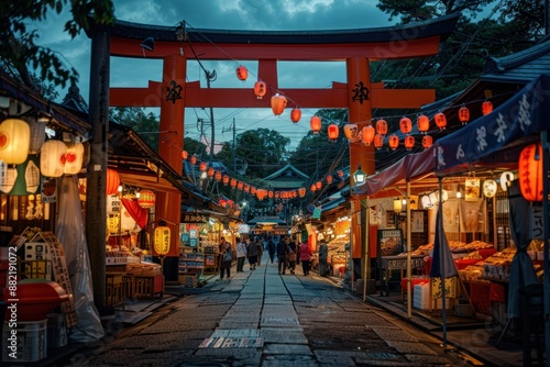 Festive Street Market Under a Traditional Torii Gate