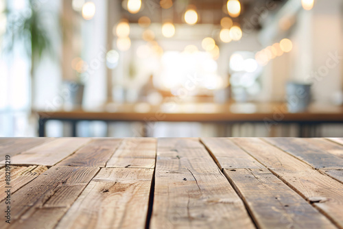 Empty rustic wood table and blurred soft light table in restaurant with bokeh background. product display template, Business presentation minimalistic perfect focus balanced summetry photo