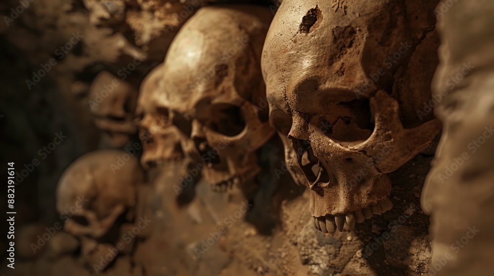 Row of ancient human skulls in a dark, eerie cave. The bones are weathered, offering a haunting glimpse into a forgotten past. Row of ancient human skulls in a dark, eerie cave. The bones are weathered, offering a haunting glimpse into a forgotten past.