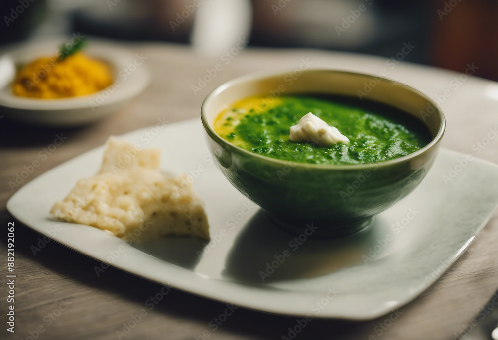 Palak paneer with paneer cheese and fenugreek in a beautiful bowl with a glass of Indian lassi in a gourmet Indian restaurant
Palak paneer with paneer cheese and fenugreek in a beautiful bowl with a glass of Indian lassi in a gourmet Indian restaurant