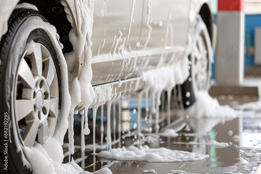 A close-up image capturing the car washing machine at work, focusing on ...