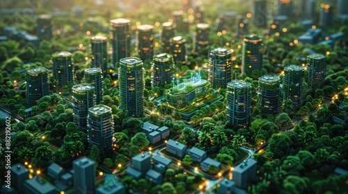 Aerial view of a green city with modern buildings surrounded by lush foliage and eco-friendly architecture, emphasizing sustainability.
