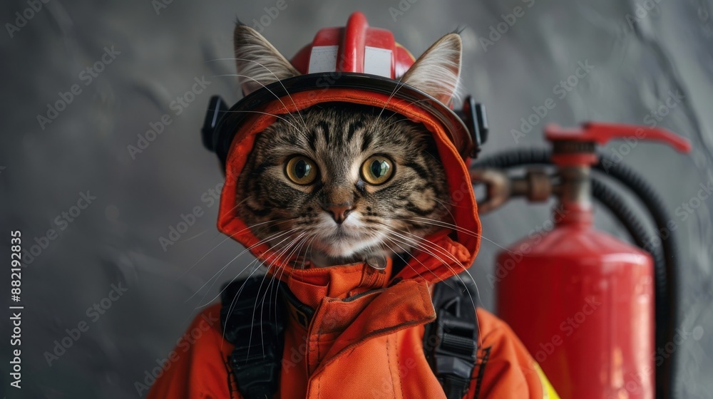 Cat in a firefighter uniform, plain grey background, with a small toy fire extinguisher beside it Cat in a firefighter uniform, plain grey background, with a small toy fire extinguisher beside it
