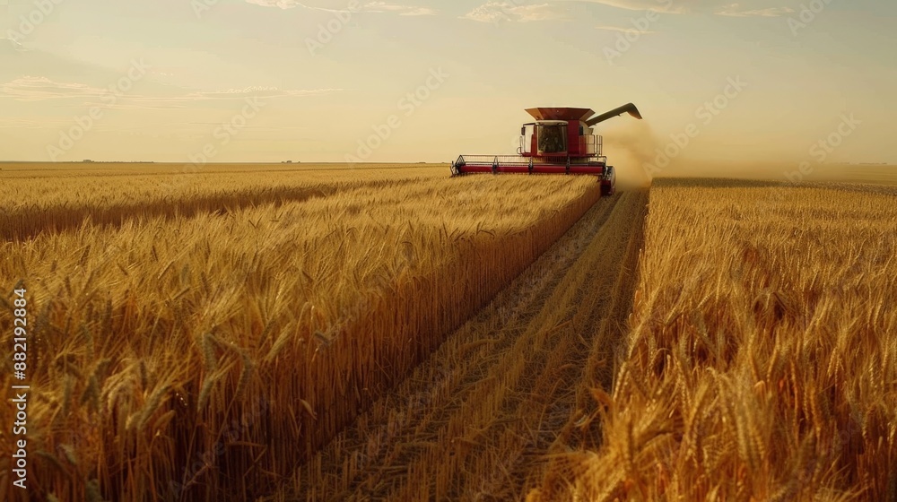 Fototapeta premium A combine harvester drives through a wheat field, harvests.