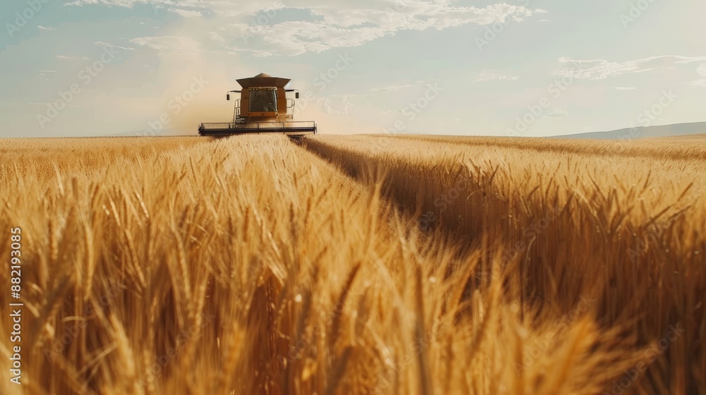 Fototapeta premium A combine harvester drives through a wheat field, harvests.