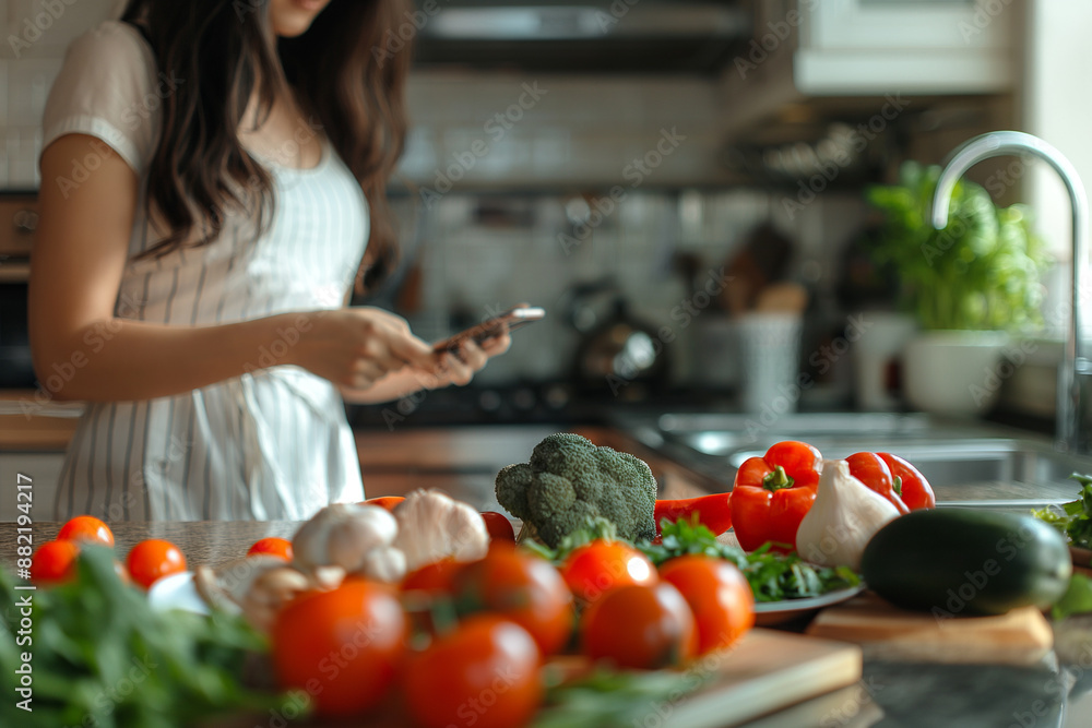 Woman Checking Recipe on Smartphone in Kitchen with Fresh Ingredients Woman Checking Recipe on Smartphone in Kitchen with Fresh Ingredients