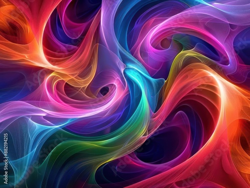 abstract swirling patterns of colorful light geometric shapes blending with organic forms vivid spectrum of hues digital art with depth and motion