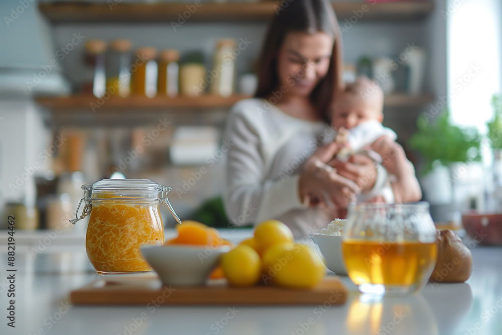 Mother Checking Baby Food Recipe on Smartphone in Kitchen Mother Checking Baby Food Recipe on Smartphone in Kitchen