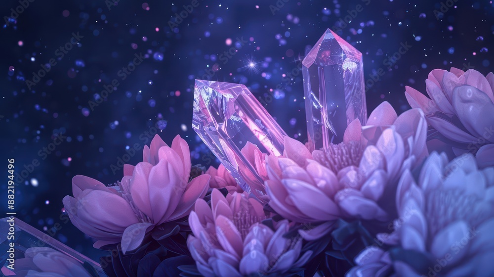 A supernatural scene features an enchanted garden where flowers made of luminescent crystals bloom under a sky filled with holographic constellations A supernatural scene features an enchanted garden where flowers made of luminescent crystals bloom under a sky filled with holographic constellations