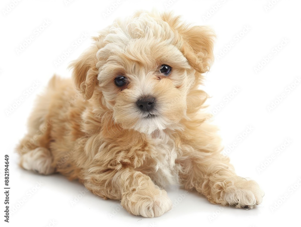 adorable maltipoo puppy with fluffy fur playful pose against clean white background soft lighting enhances cute features and teddy bearlike appearance