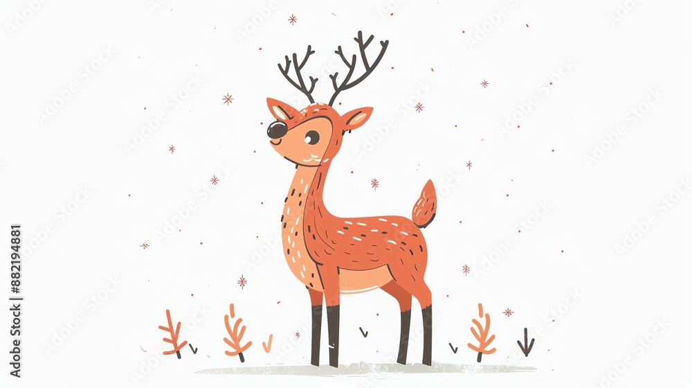 Cute cartoon reindeer with antlers standing in a forest clearing.