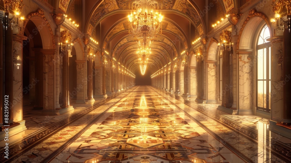 Obraz premium Opulent Symmetry: Grand Hallway with Glowing Chandeliers and Intricate Mosaic Floors Bathed in Golden Light