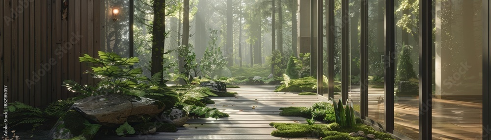 Photo of a long wooden walkway through a lush green forest. The light is shining through the trees. Photo of a long wooden walkway through a lush green forest. The light is shining through the trees.