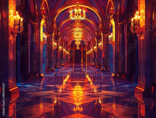 Majestic Symmetrical Grand Hallway with Glowing Candelabras and Ornate Woodwork in Luxurious Digital Art