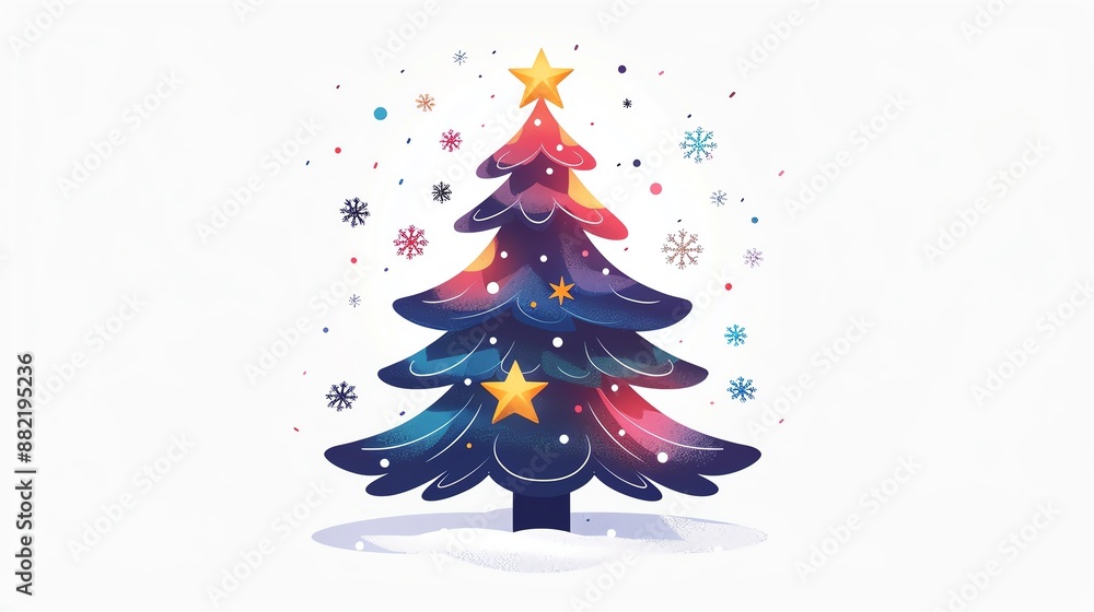 A colorful Christmas tree with a star on top and snowflakes falling around it. A colorful Christmas tree with a star on top and snowflakes falling around it.