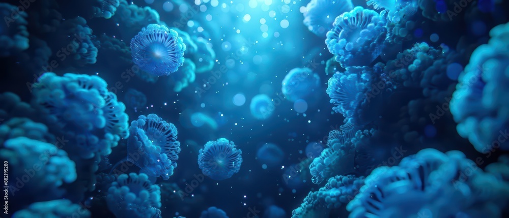 A supernatural scene unveils a mystical underwater cavern where glowing orbs of light float above bioluminescent sea plants A supernatural scene unveils a mystical underwater cavern where glowing orbs of light float above bioluminescent sea plants