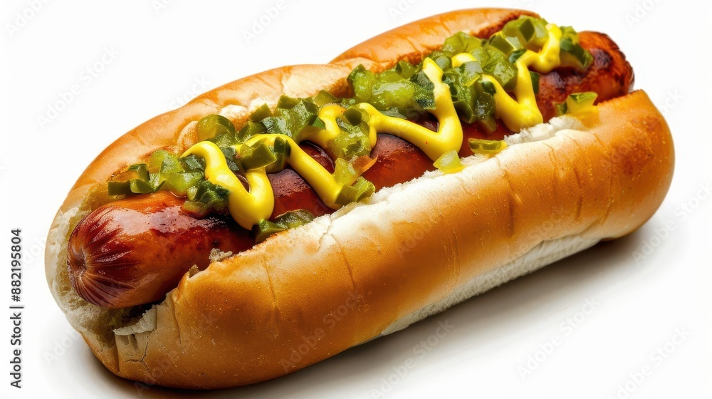 hot dog with mustard, ketchup and relish hot dog with mustard, ketchup and relish